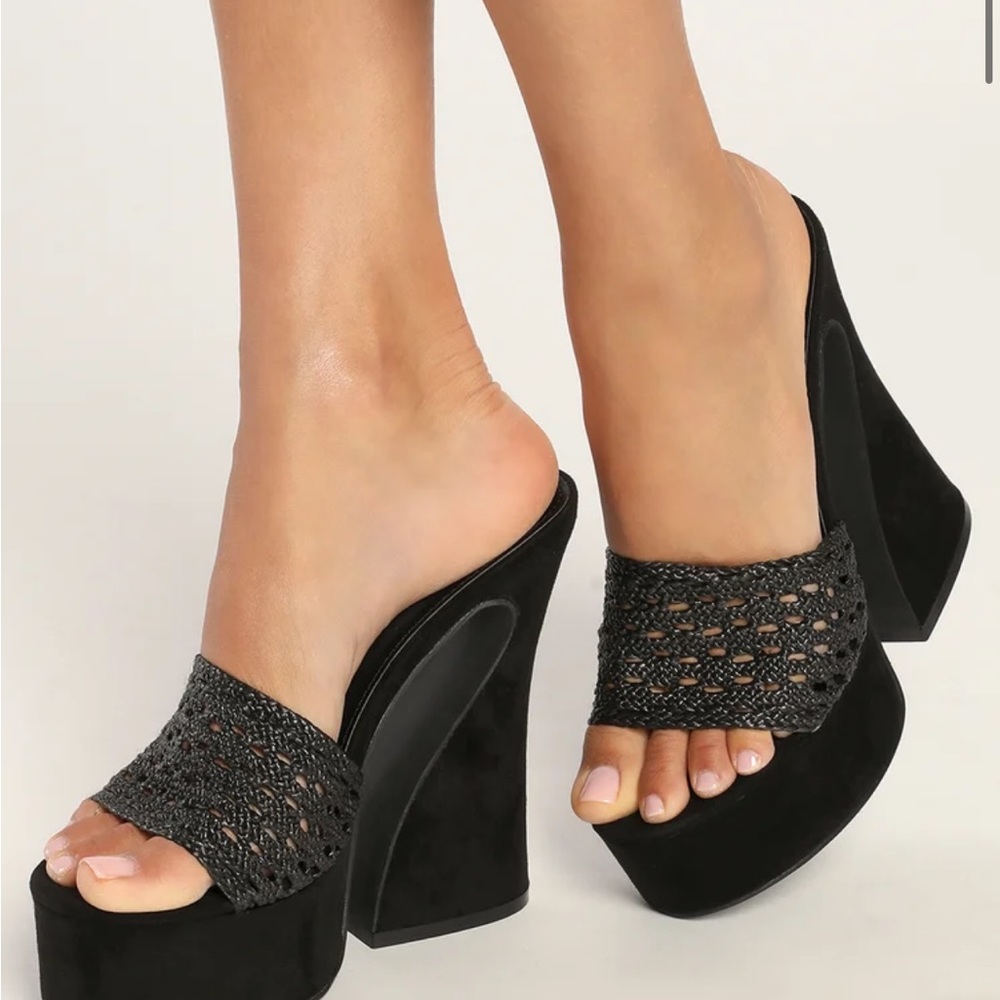 Black suede high heel platform sandals